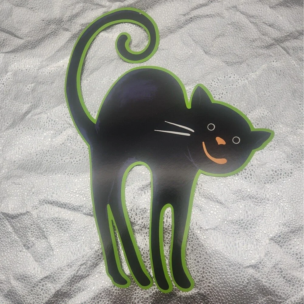 Die Cut Ghost & Cat Cartoon Neon Green Halloween Decoration Beistle Co 70s VTG